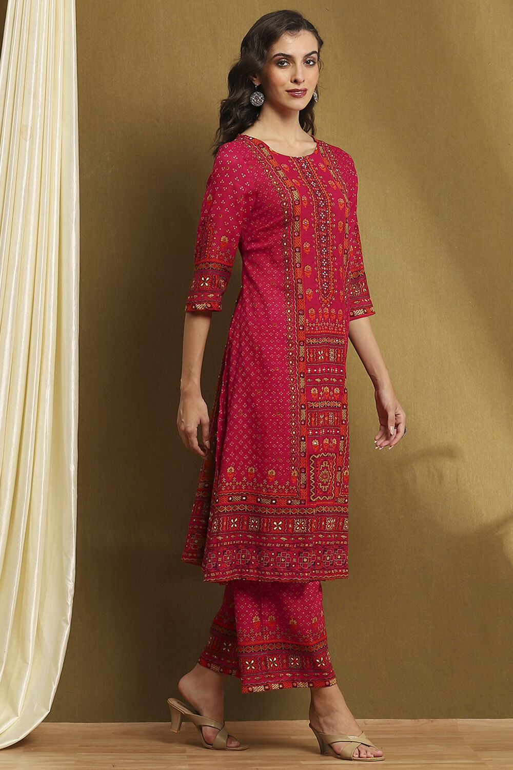 Fuchsia Cotton Printed A-Line Kurta Set image number 5