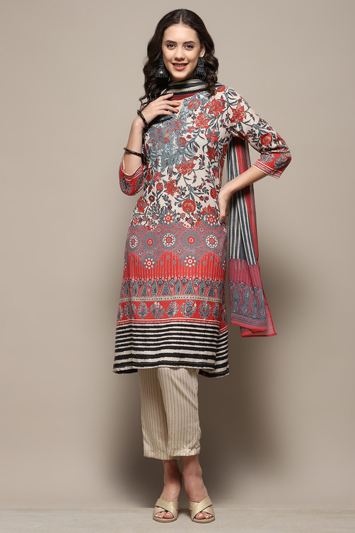 Beige Crepe Floral Printed Straight Suit Set image number 8