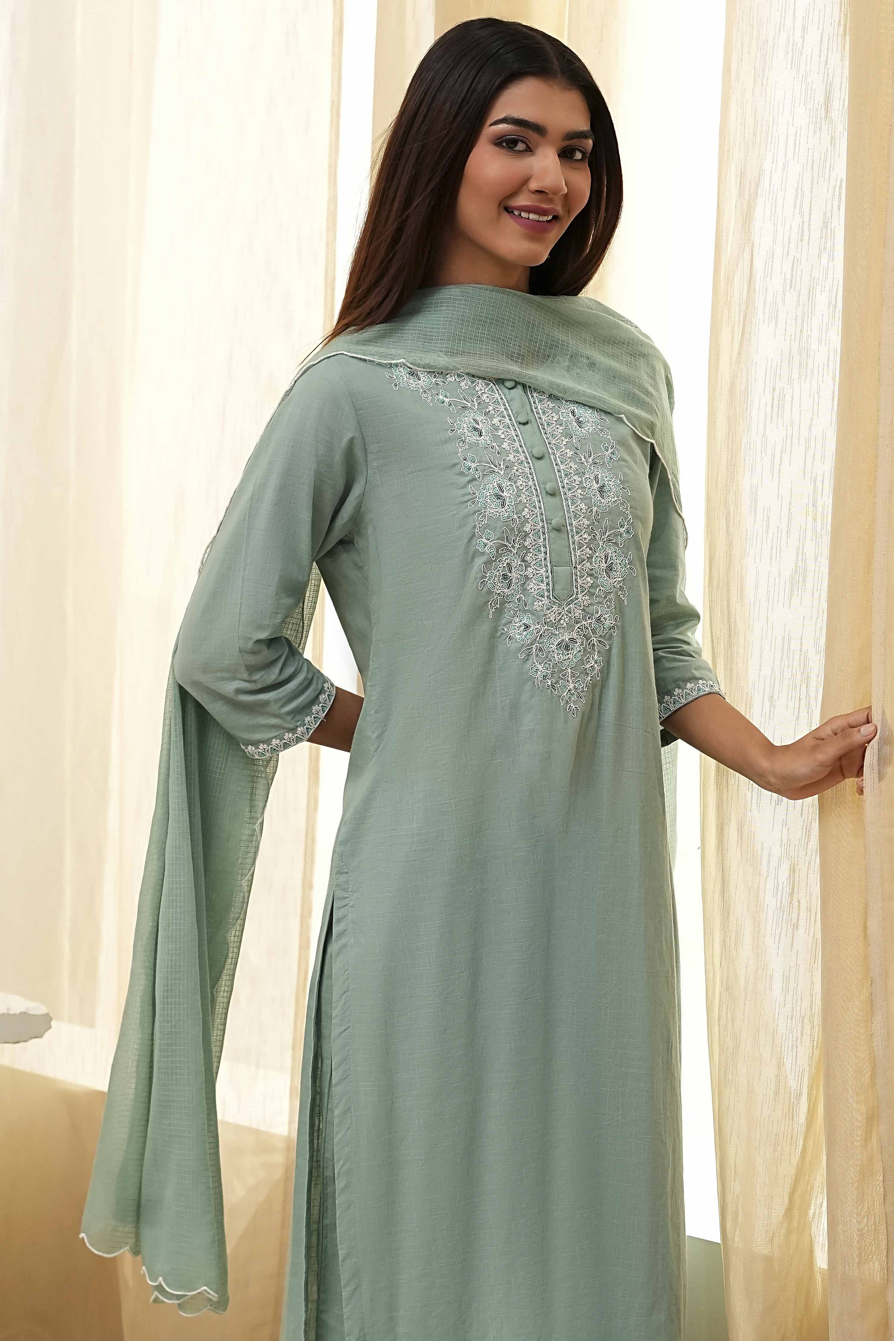 Green Pure Cotton Embellished Straight Suit Set image number 7