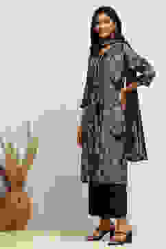 Black Modal Chanderi Printed Gathered A-line Suit Set image number 3