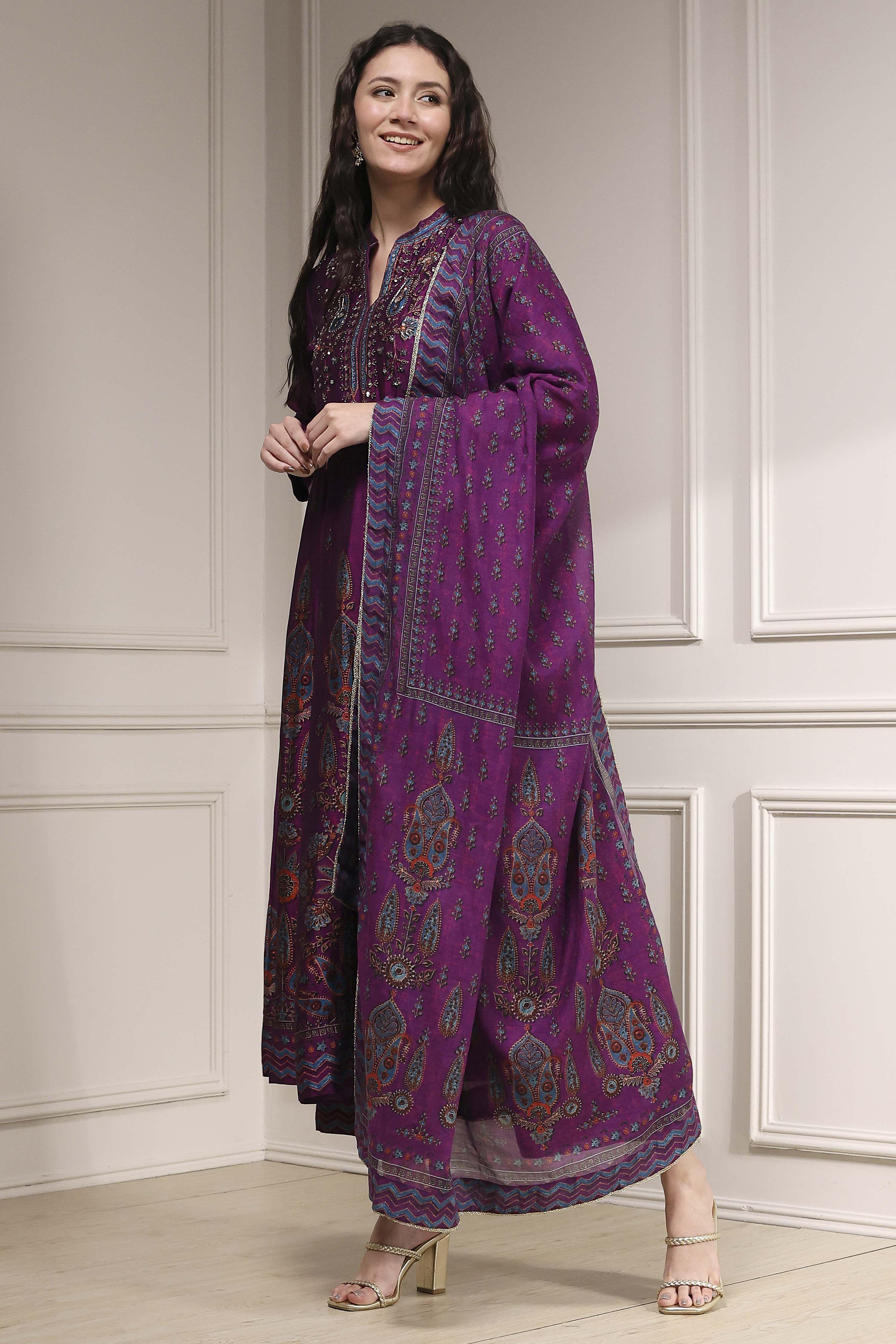 Purple Printed Anarkali Suit Set image number 3