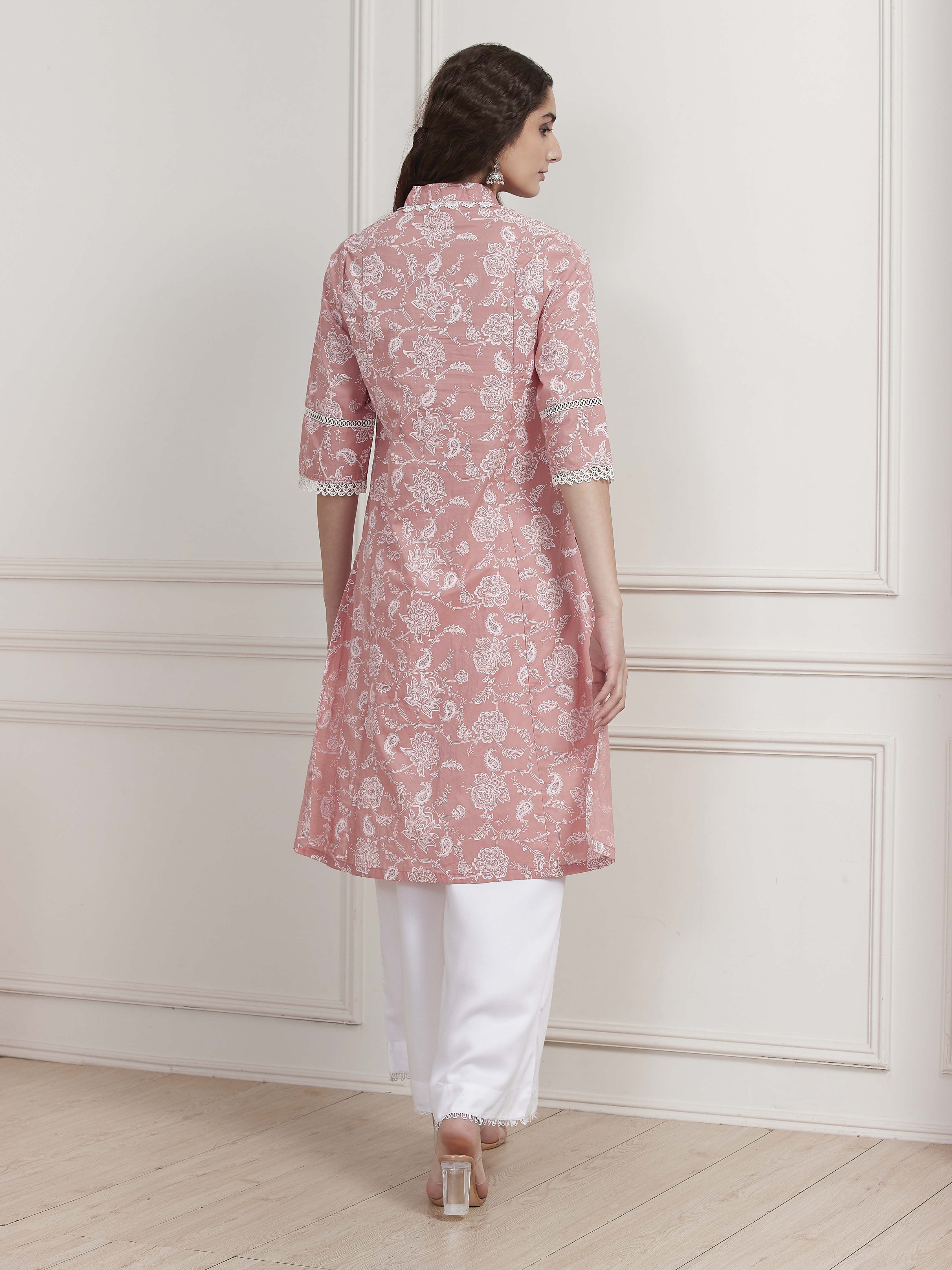 Pink Cotton Printed Straight Kurta image number 3