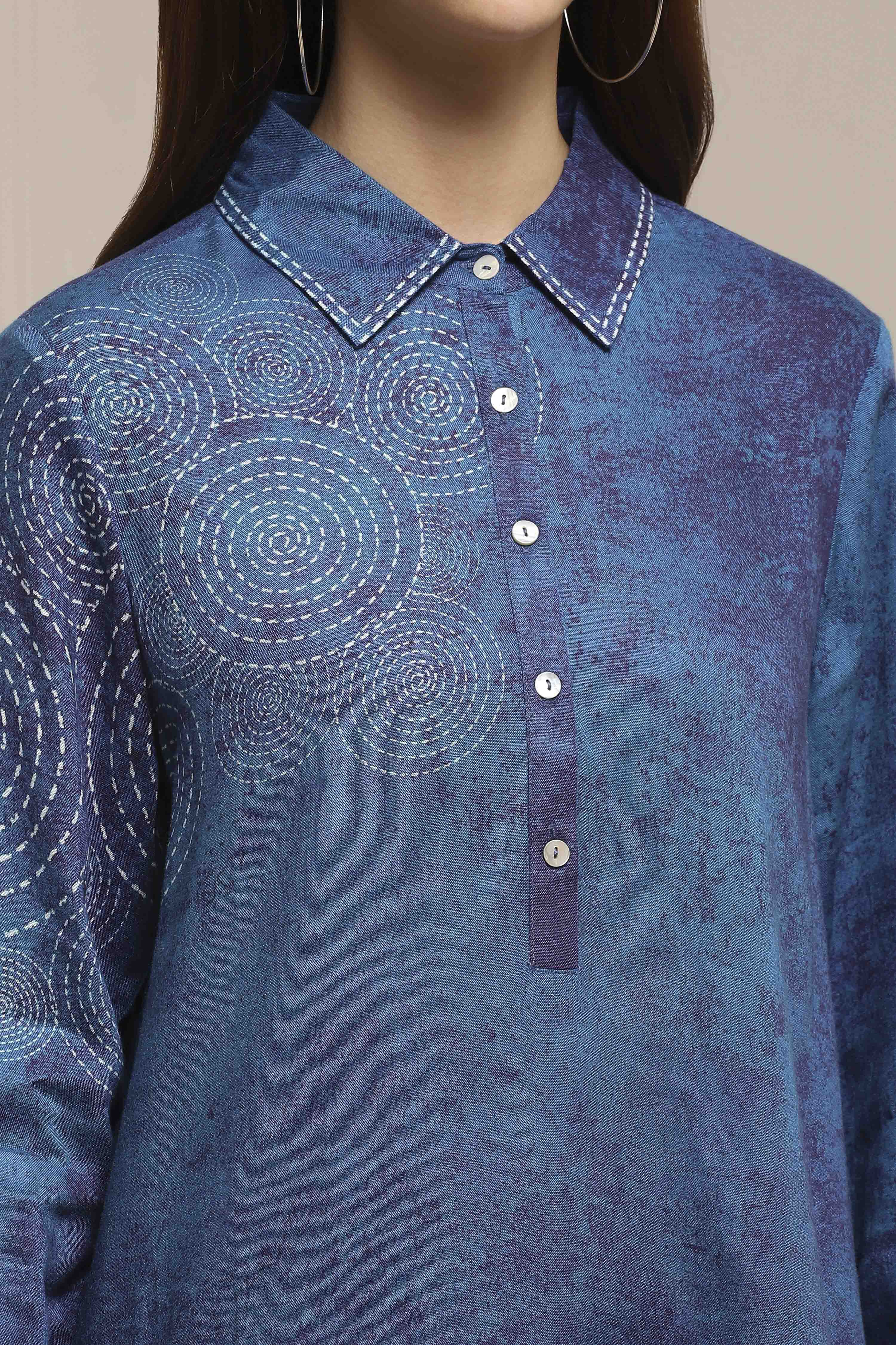 Blue Viscose Rayon A-Line Printed Top image number 1