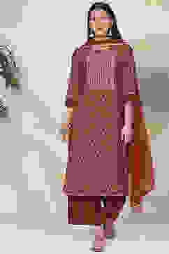 Terracotta Red Art Silk Straight Kurta Palazzo Suit Set image number 7