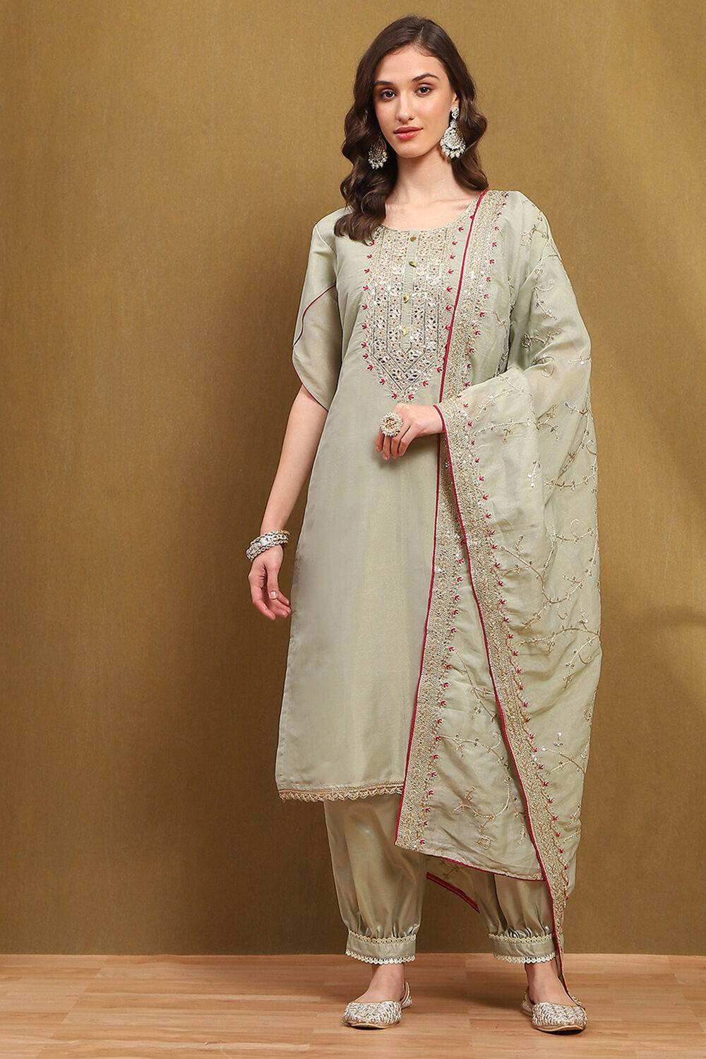 Green Tissue Machine Embroidered Unstitched Suit Set image number 1