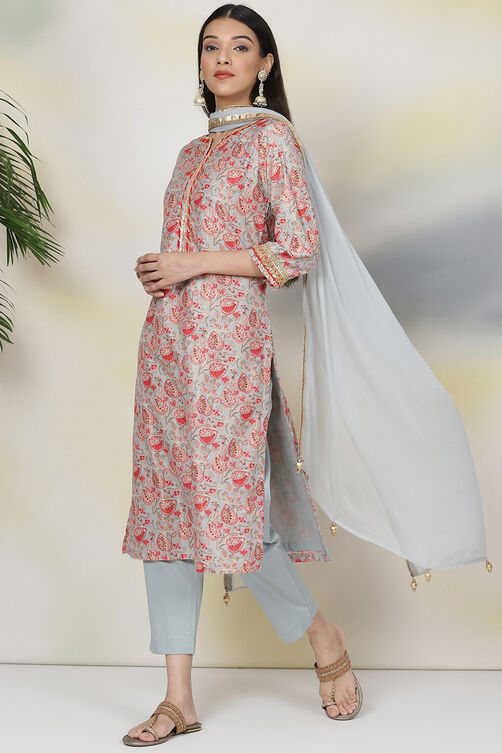 Tea Green Poly Metallic Straight Suit Set image number 4