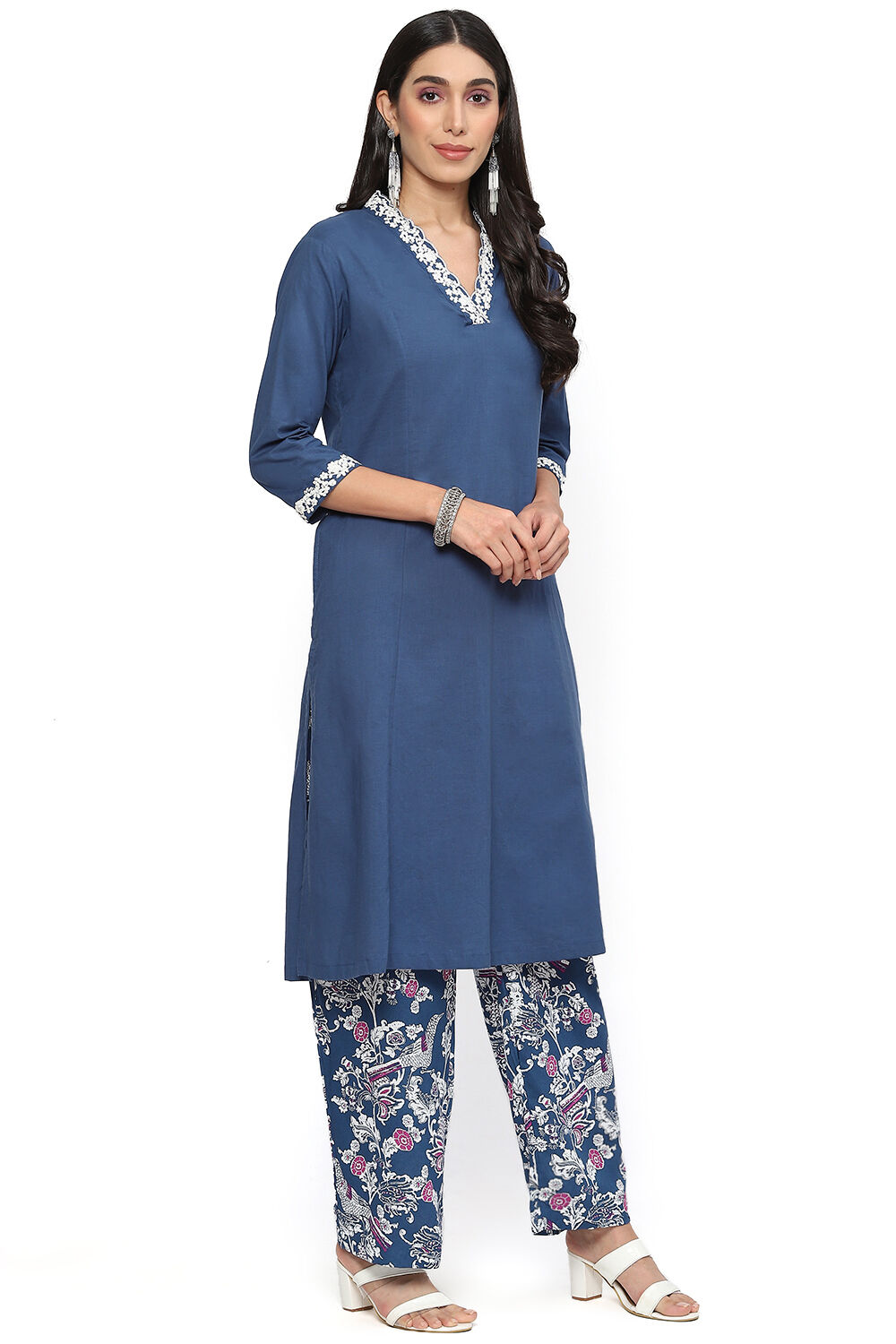 Blue Cotton A-Line Kurta Palazzo Suit Set image number 6