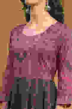 Charcoal and Pink Cotton Printed Anarkali Suit Set image number 1