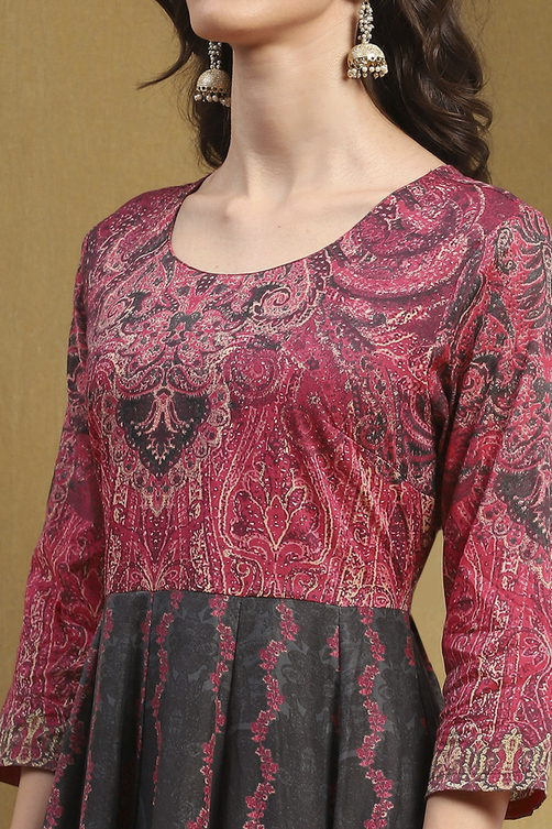 Charcoal and Pink Cotton Printed Anarkali Suit Set image number 1