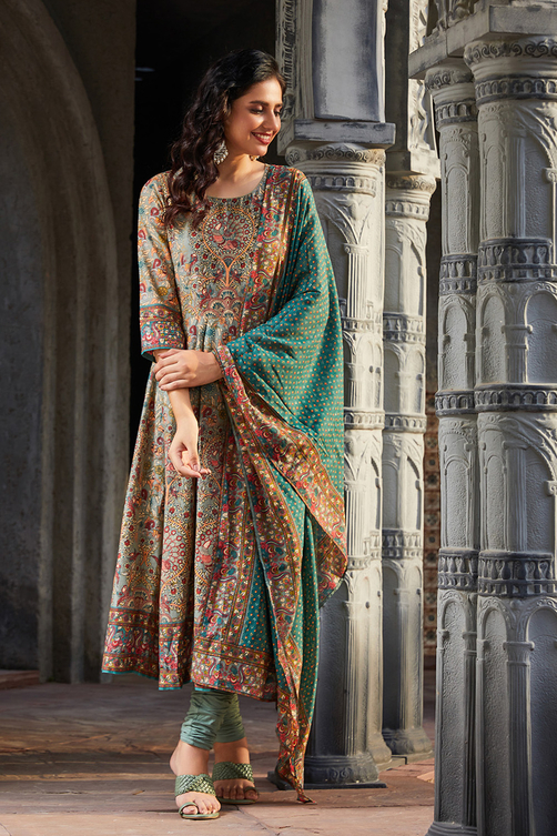 Sap Green Cotton Anarkali Kurta Churidar Suit Set image number 0