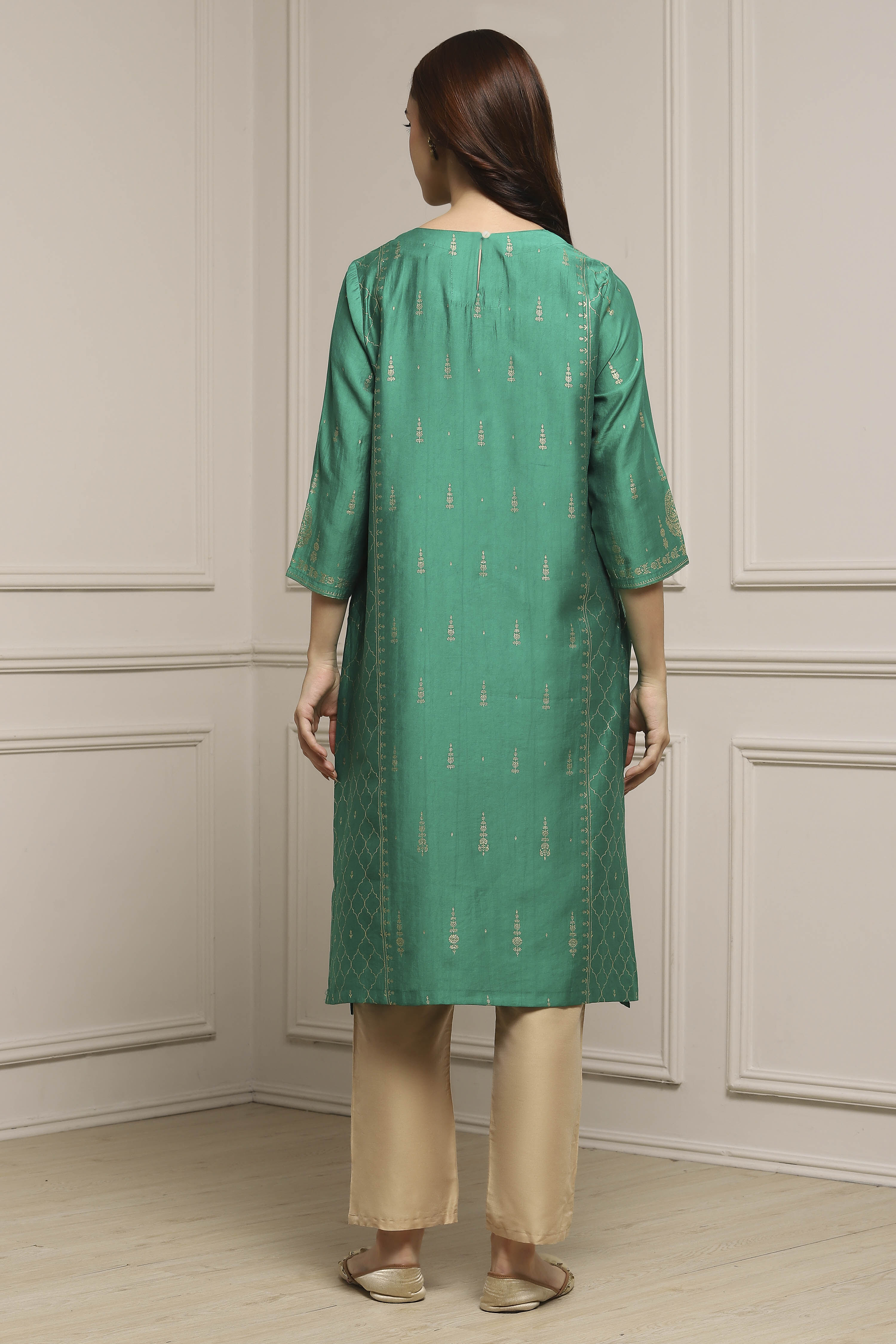 Green Art Silk Printed Straight Kurta image number 3