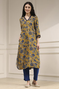Mustard Yellow Printed Straight Kurta image number 5