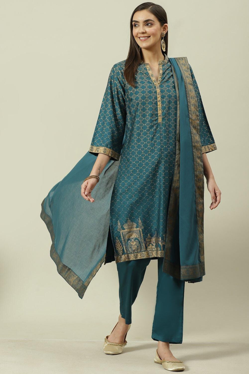 Bottle Blue Printed Cotton Straight Suit Set image number 0