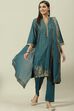 Bottle Blue Printed Cotton Straight Suit Set image number 0