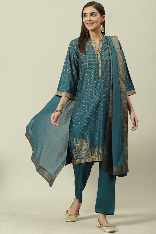 Bottle Blue Printed Cotton Straight Suit Set image number 0