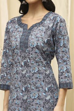 Grey Cotton Screen Print Unstitched Suit Set image number 2