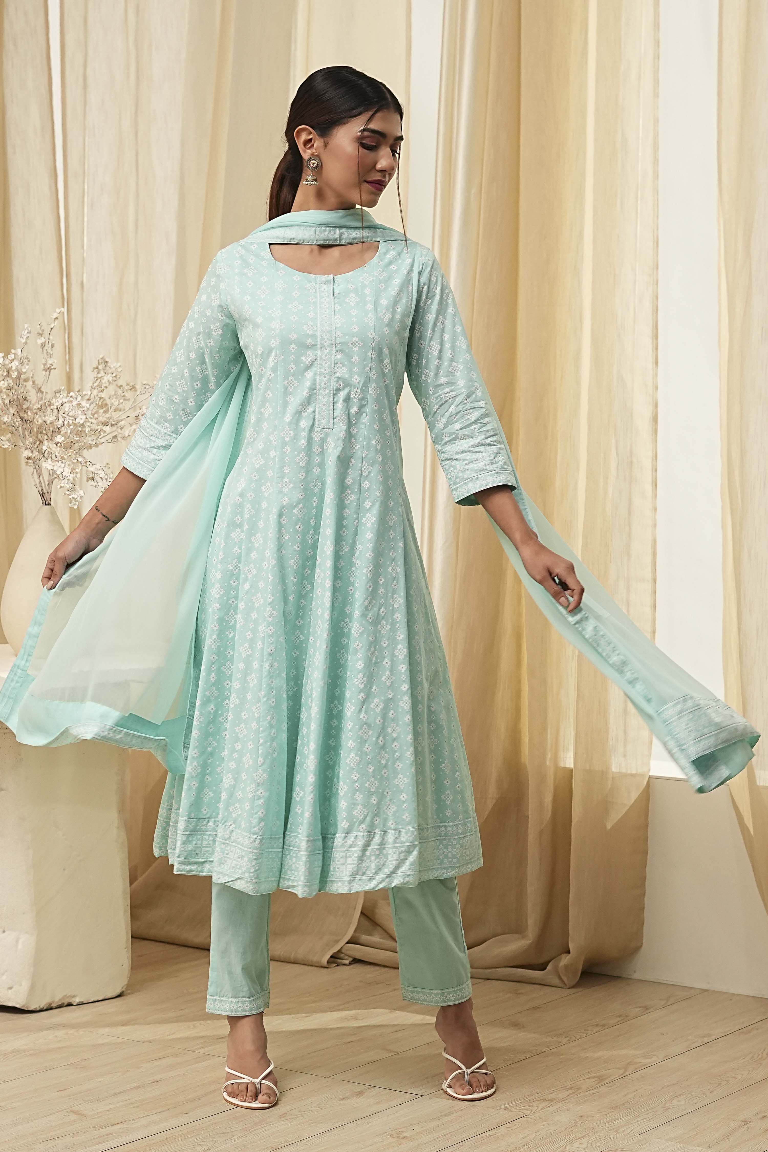 Aqua Pure Cotton Printed Kalidar Suit Set image number 6