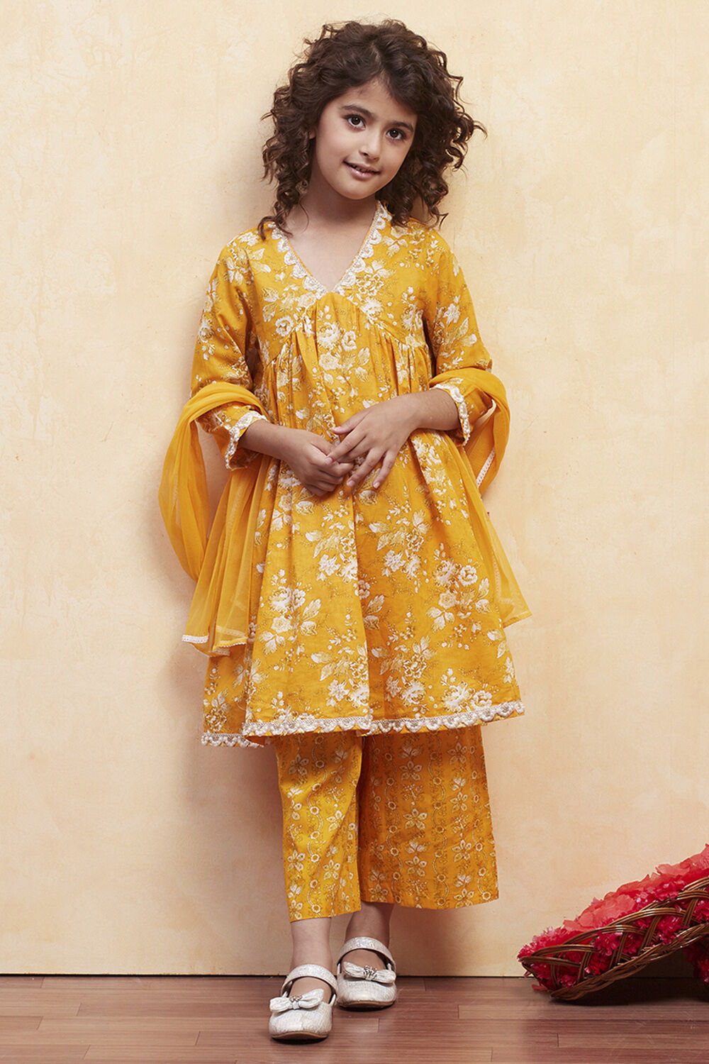 Yellow Cotton Floral Gathered Suit Set image number 0