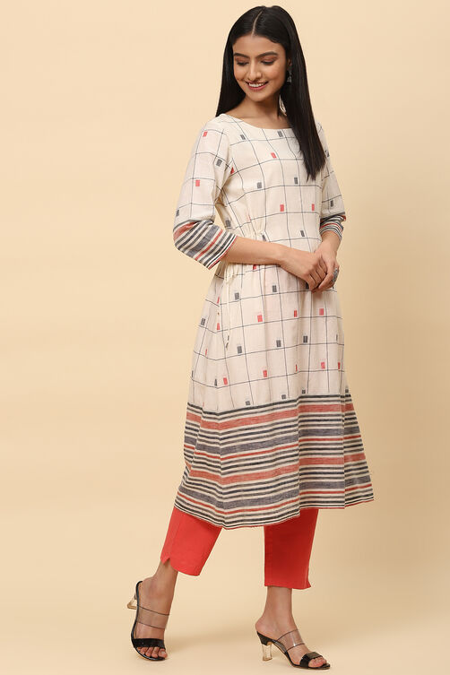 Off White Cotton A Line Kurta image number 3