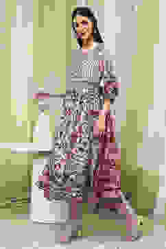 Beige Cotton Printed Anarkali Suit Set image number 3