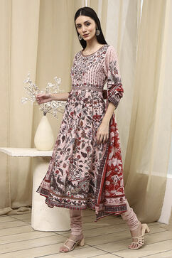 Beige Cotton Anarkali Kurta Churidar Suit Set image number 3