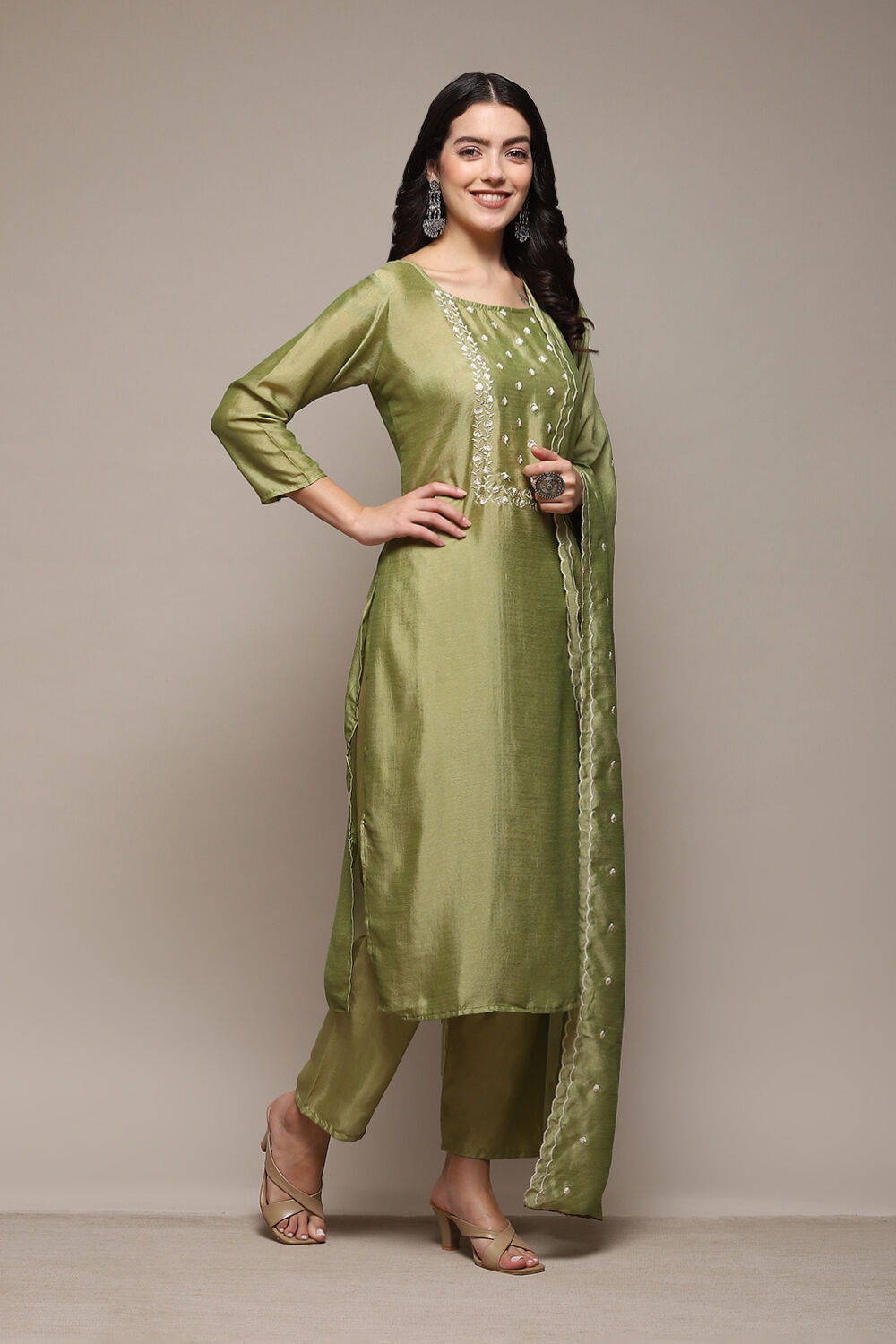 Olive Green Silk Blend Unstitched Suit Set image number 7