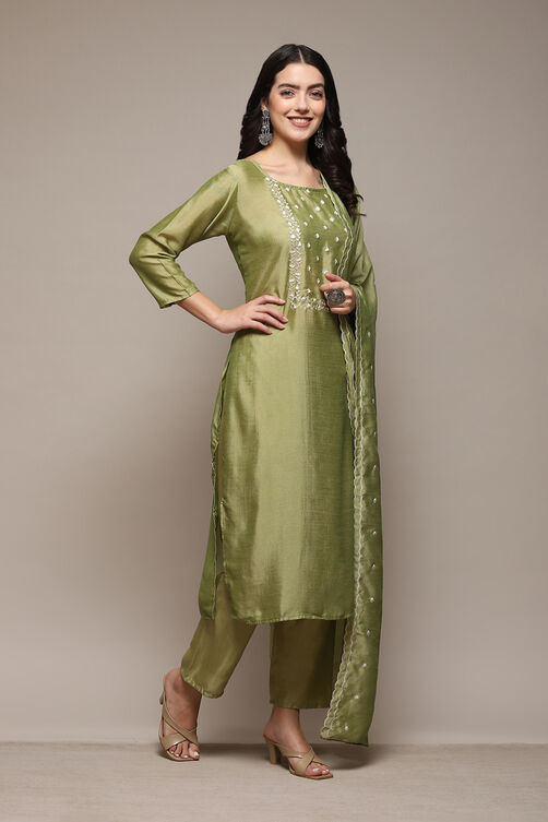 Olive Green Silk Blend Unstitched Suit Set image number 7