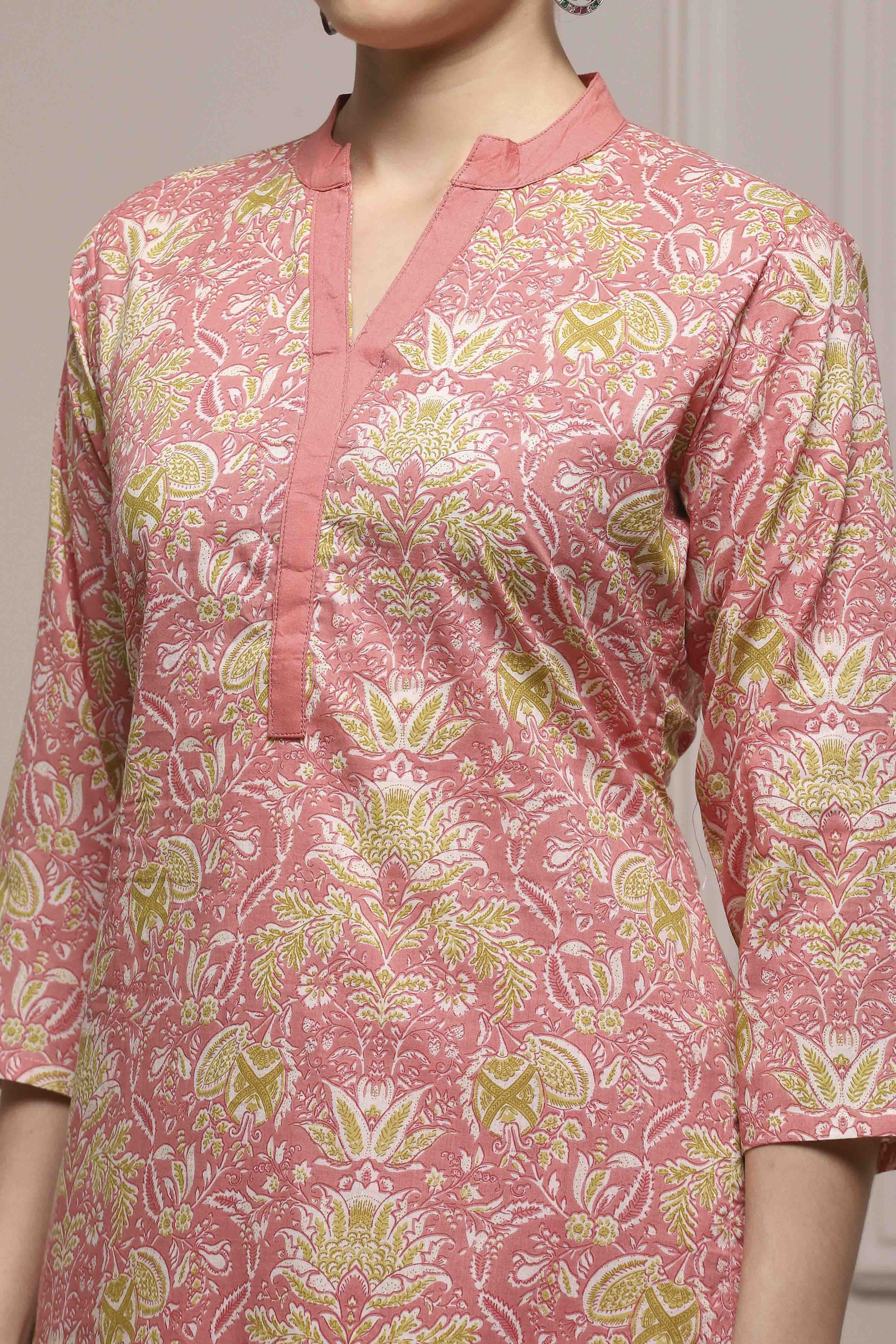 Pink Cotton Hand Block Print Unstitched Suit Set image number 2