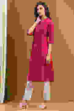 Pink Cotton Solid Pleated A-Line Kurta image number 2