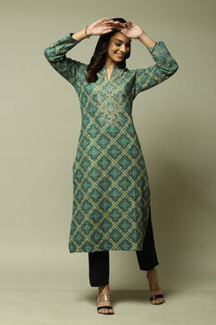 Green Acrylic Straight Printed Kurta image number 5