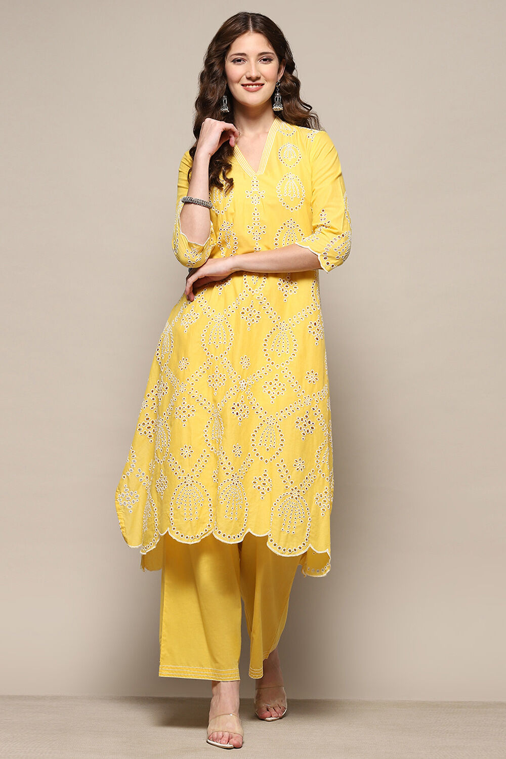 Yellow Cotton Schiffli Kurta & Palazzo Suit Set image number 0
