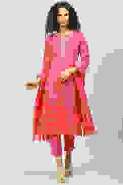Fuschia Cotton Straight Kurta Slim Pant Suit Set image number 0