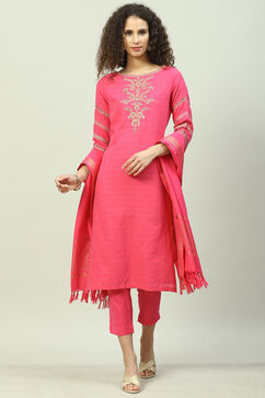 Fuschia Cotton Straight Kurta Slim Pant Suit Set image number 0