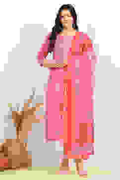 Pink Cotton Screen-Printed Unstitched Suit Set image number 7