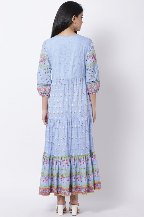 Cyan Blue Cotton Tiered Printed Dress image number 1