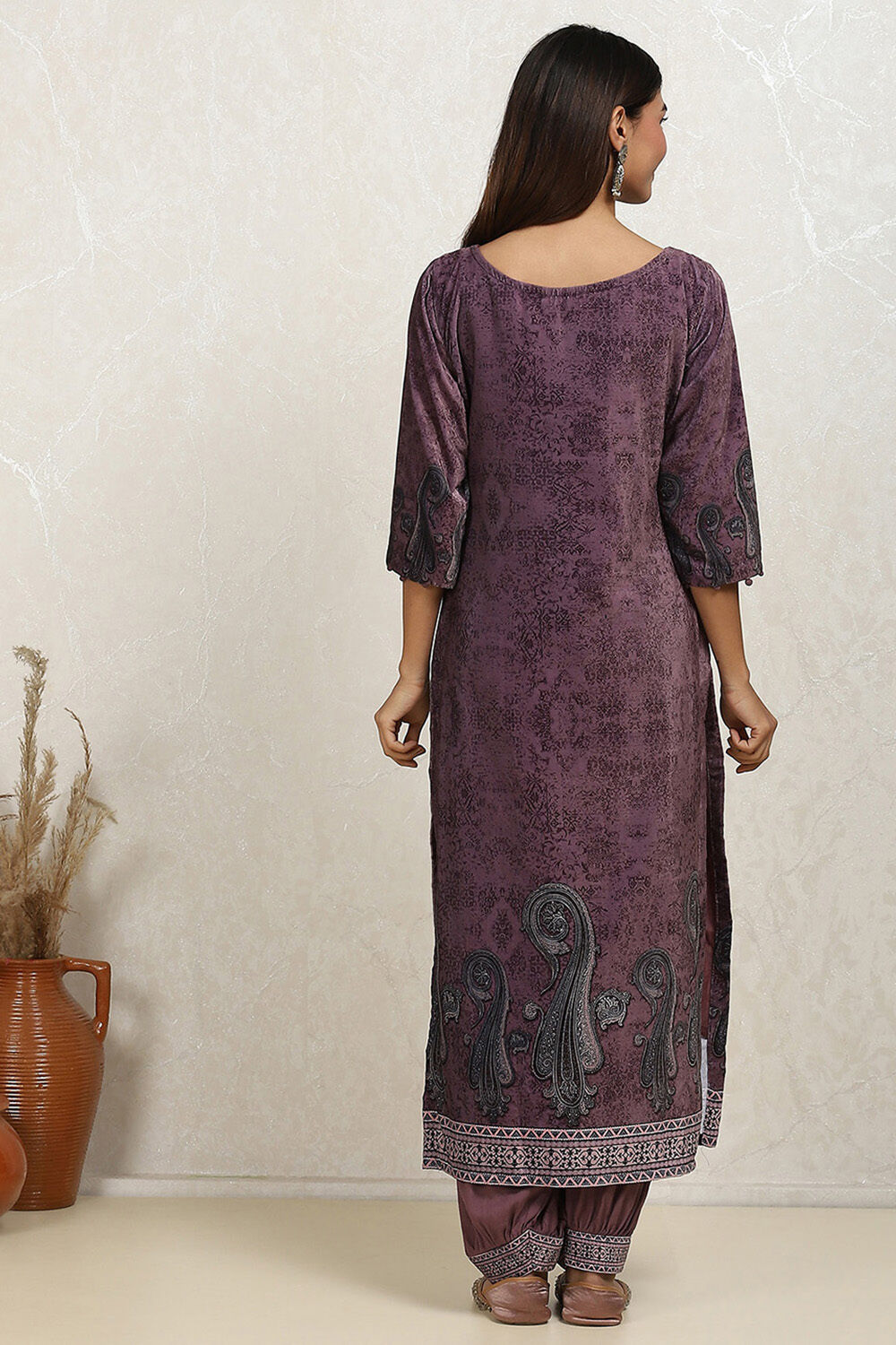 Brown Velvet Digital Print Unstitched Suit Set image number 5