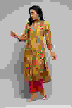 Yellow LIVA Straight Printed Kurta image number 2