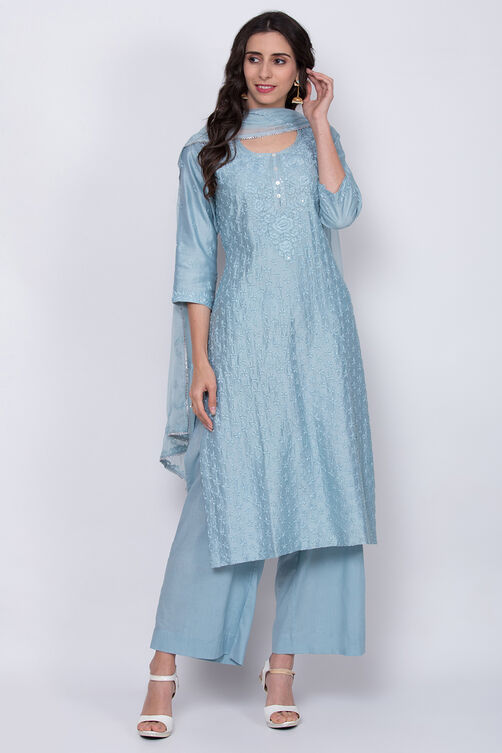 Ice Blue Cotton Silk Chikankari Kurta Palazzo Suit Set image number 0