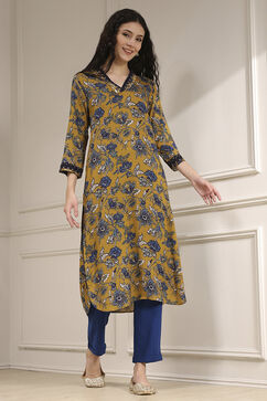 Mustard Yellow Printed Straight Kurta image number 4
