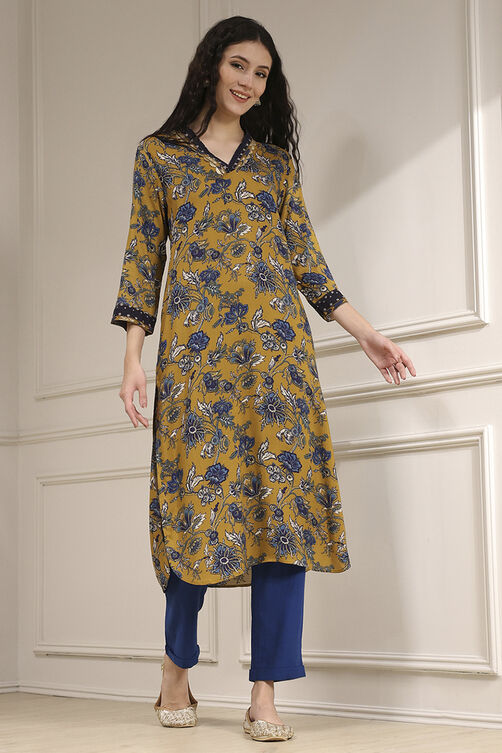 Mustard Yellow Printed Straight Kurta image number 4