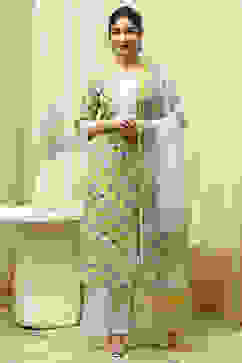 Lime Green Cotton Hand Block Print Unstitched Suit Set image number 7