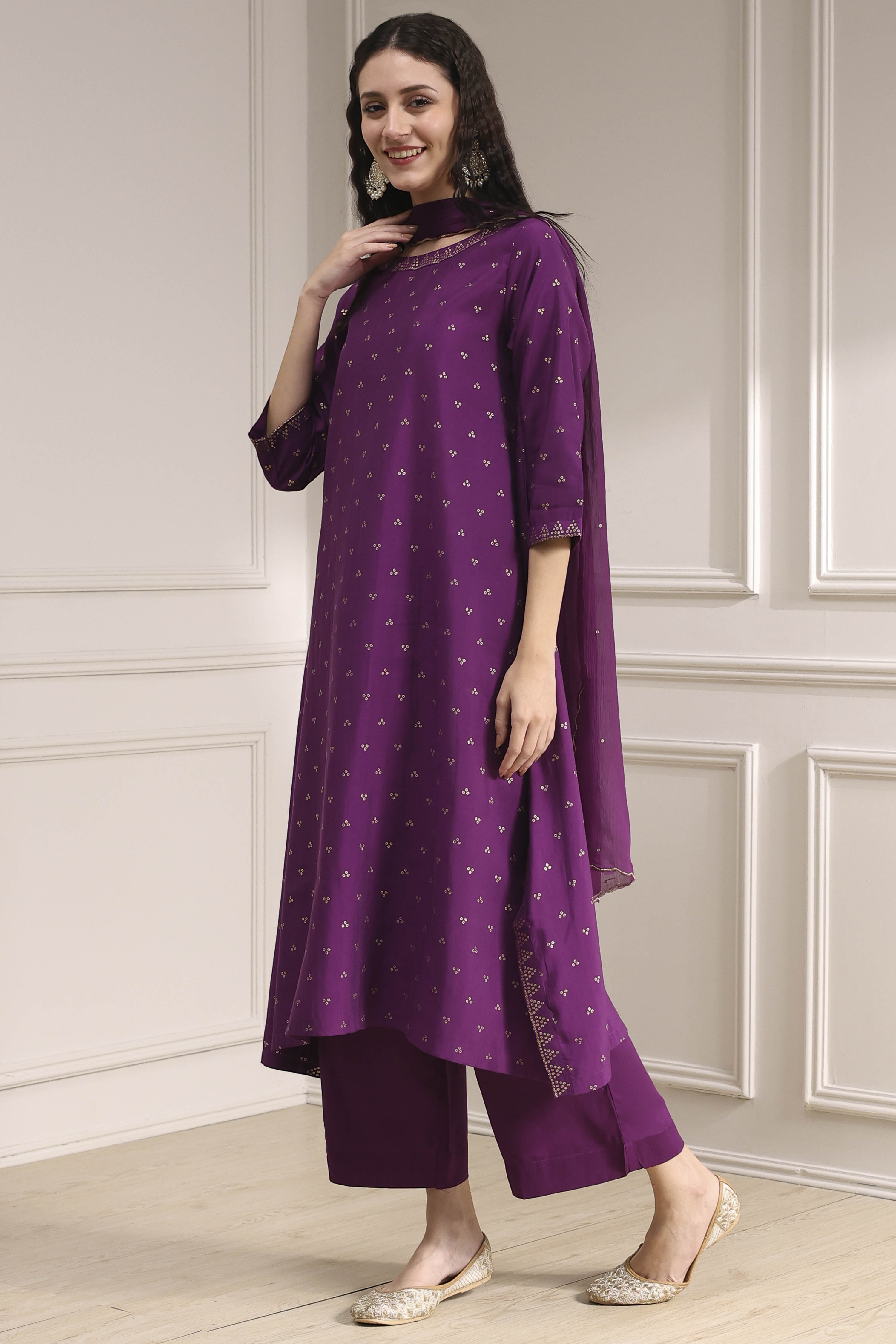 Purple Polyseter Blend Straight Printed Fusion Set image number 3