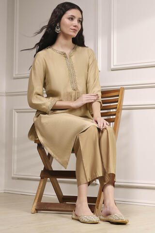 BIBA Beige Polyester Blend Straight Solid Kurta in Beige