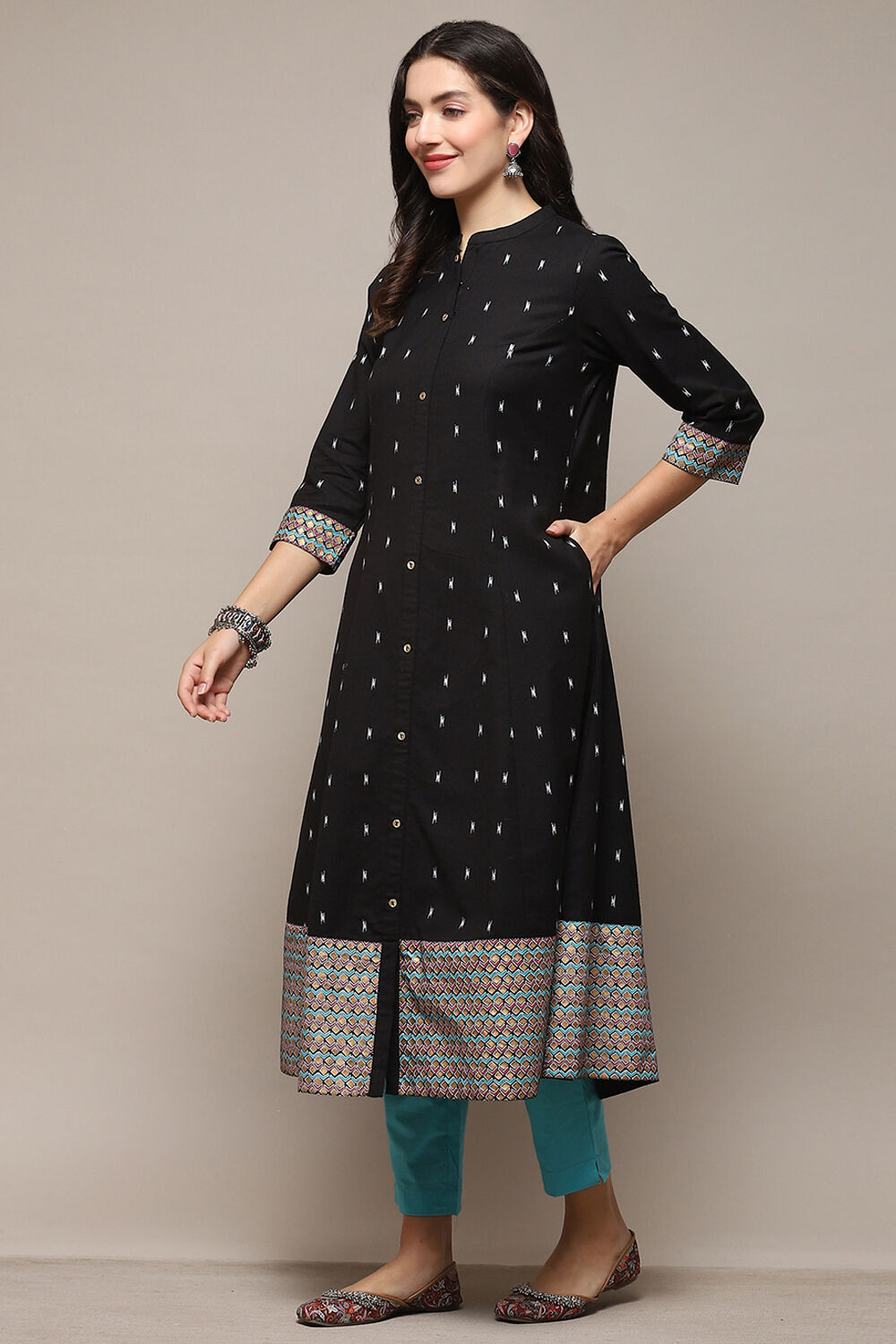 Black Cotton Flax Printed A-Line Kurta image number 2