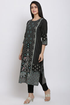 Black Cotton Flax Starlight Printed Kurta image number 2
