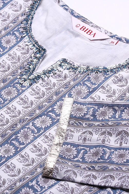 Off White And Blue Cotton Straight Kurta Sharara Suit Set image number 1