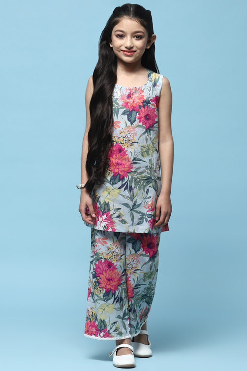 Blue Printed Cotton Kurta With White Straight Palazzo  image number 6