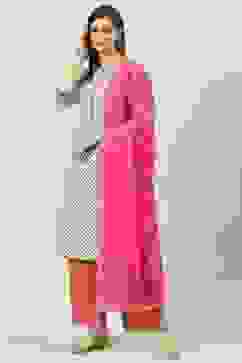 Off White Printed Cotton Straight Suit Set image number 5