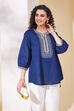 Navy Blue Cotton Yoke Design Straight Kurta image number 2