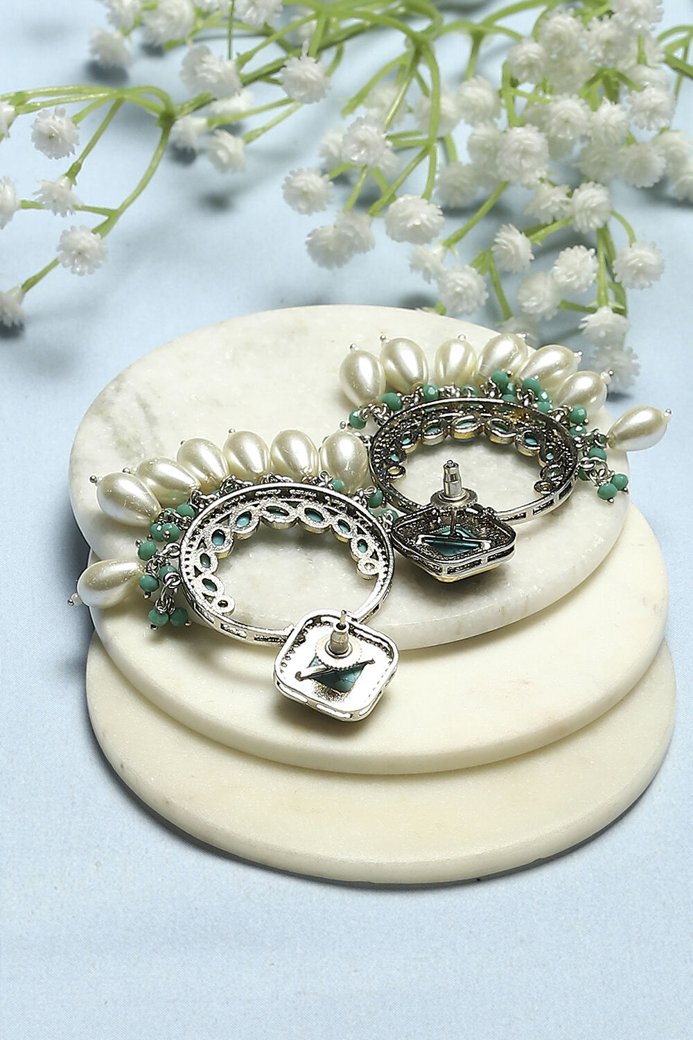 Turquoise Silver-Plated Pearl Chandbalis image number 2